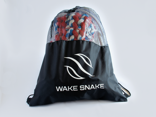 Wake surfing rope in a mesh bag that says 'wake snake'