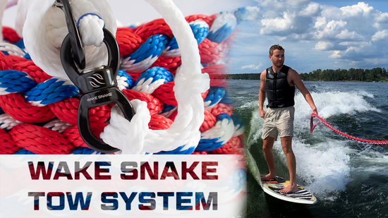 A demonstration of the wake snake tow system being used behind a watersports boat